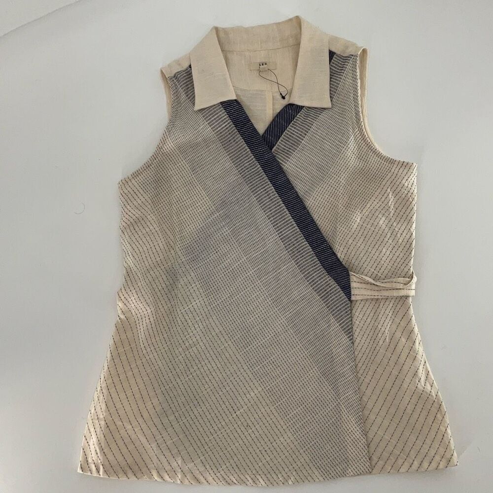AND Beige Knit Striped Collared Sleeveless Wrap Blouse Size 12 - Picture 2 of 7